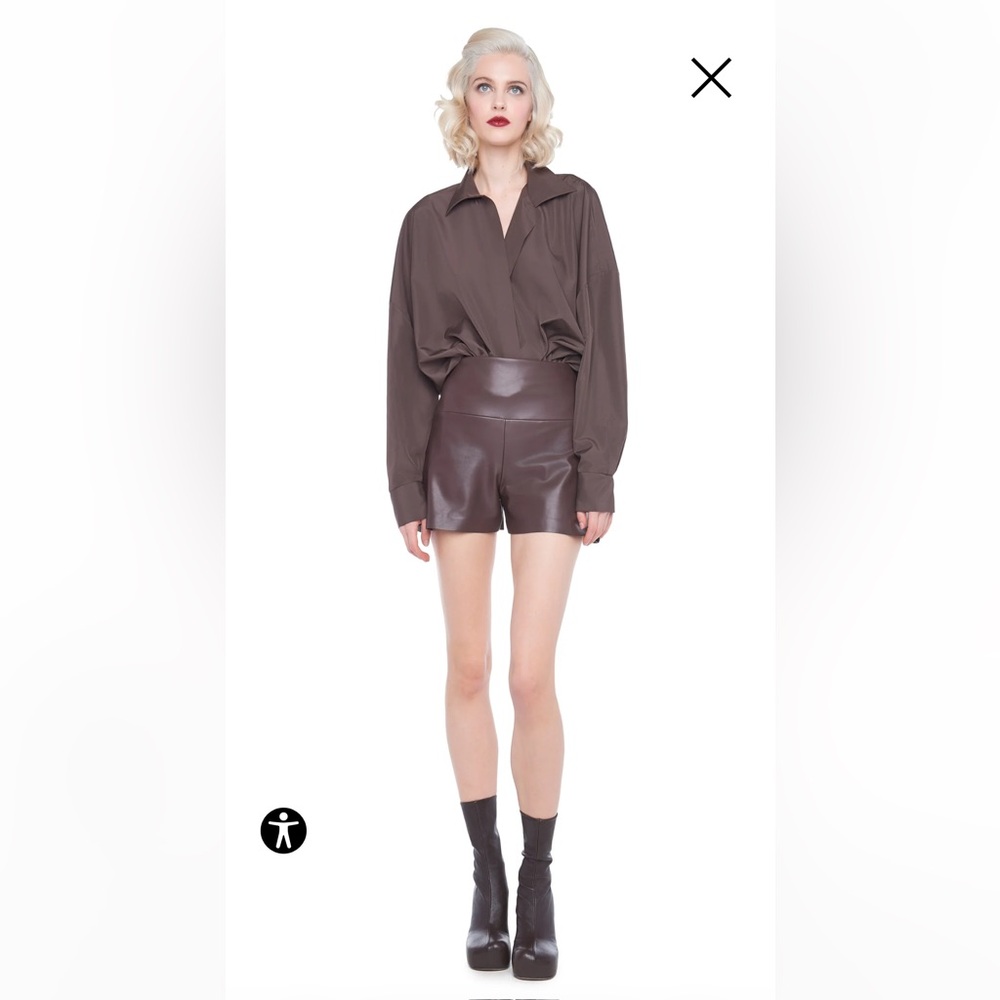 Norma Kamali Deep V Balloon Sleeve Blouse in Chocolate Brown - Picture 2 of 15